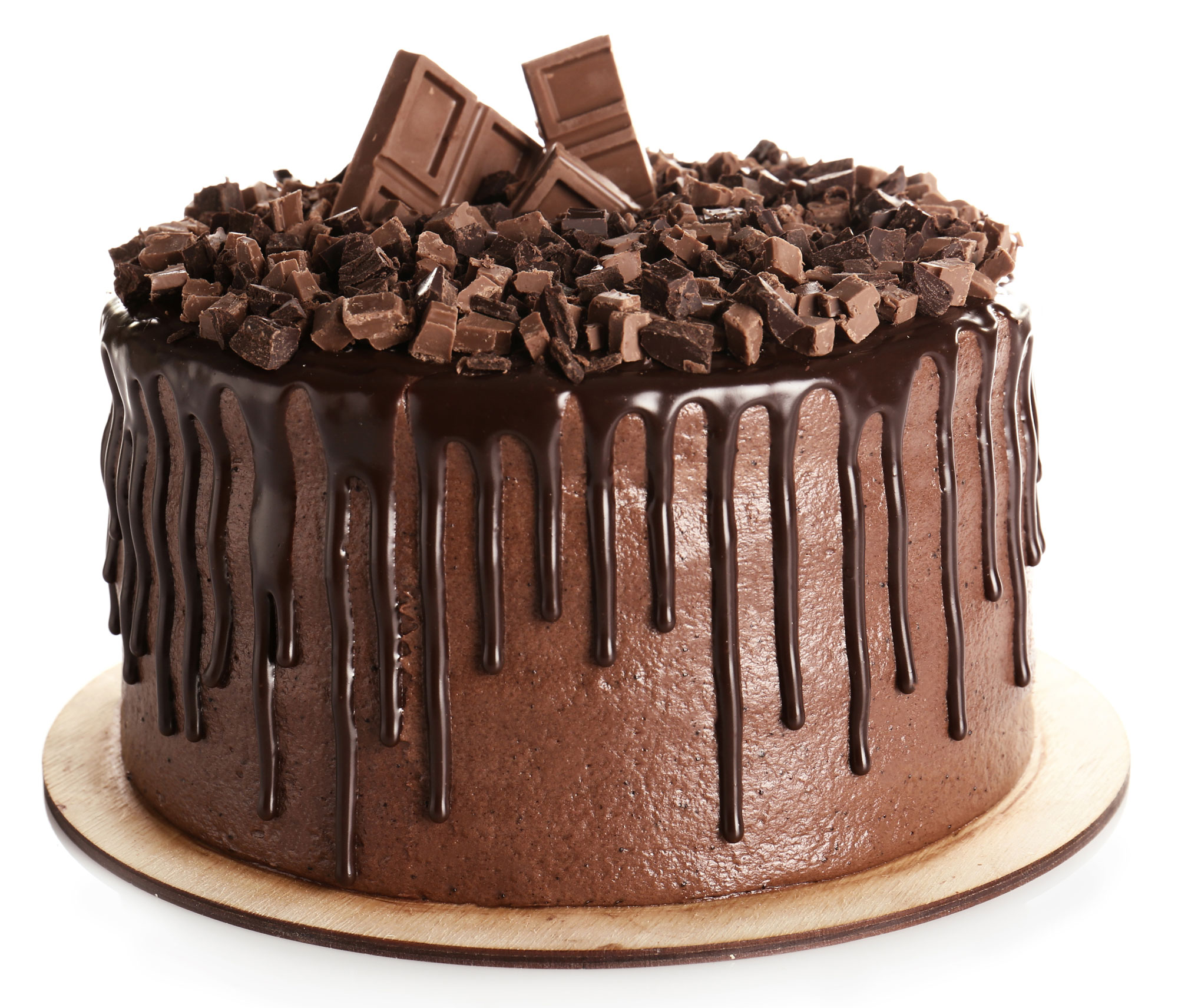 A chocolate cake topped and dripping with chocolate