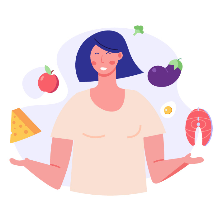 Illustrated woman juggling food choices