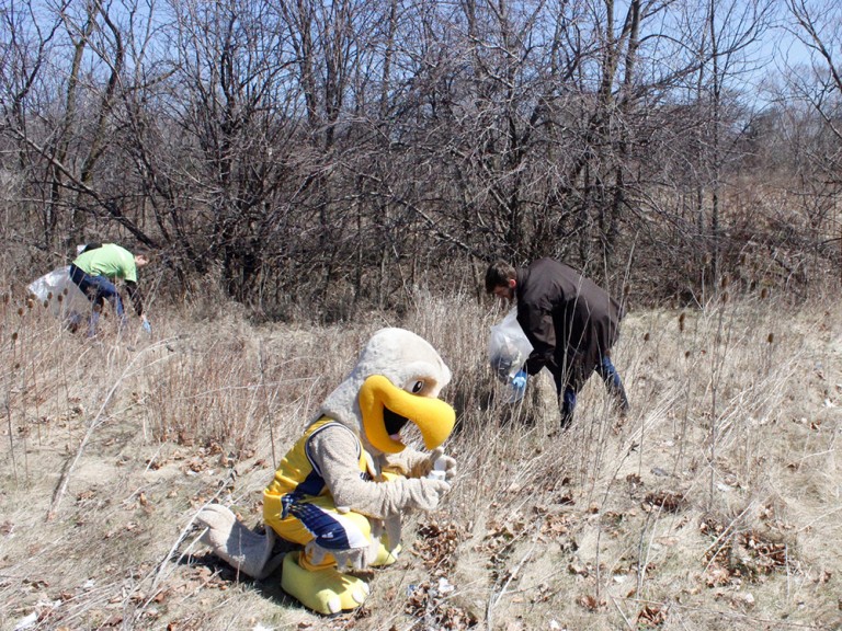 two volunteers and the humber hawk mascot cleaning up litter in a park