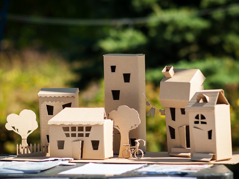 Miniature cardboard buildings