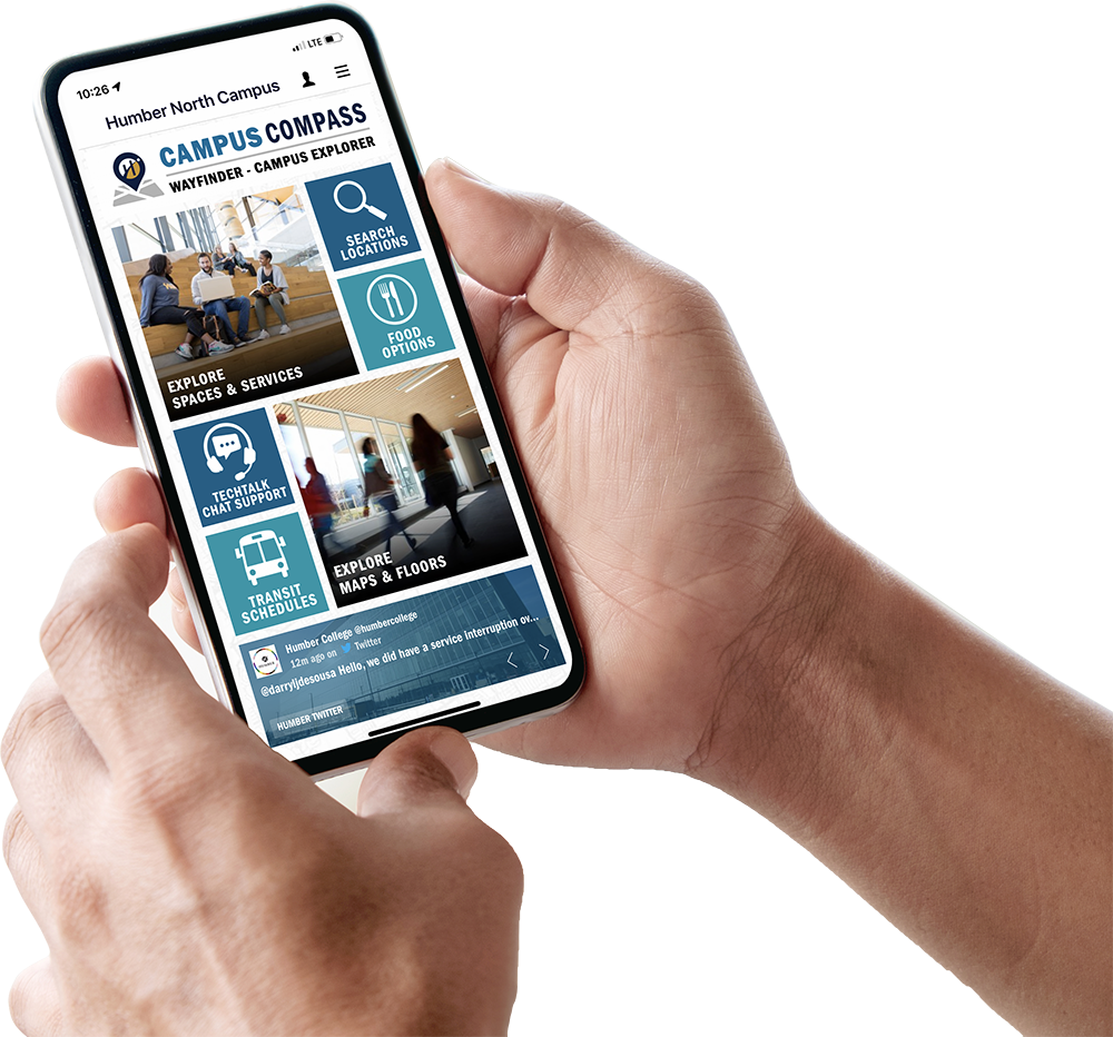 Hand holding a smartphone that is displaying one of the map screens from the campus compass app