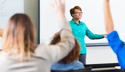 lady talking to students