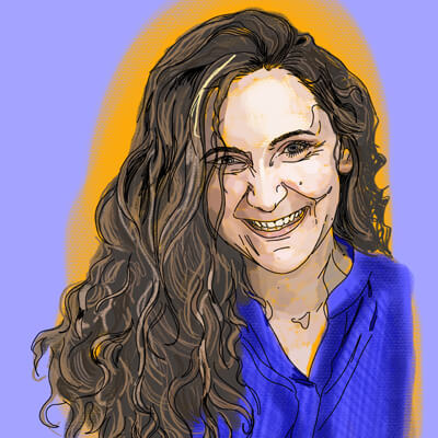 A full colour illustration of a smiling Emily Willan, including her shoulders and head.