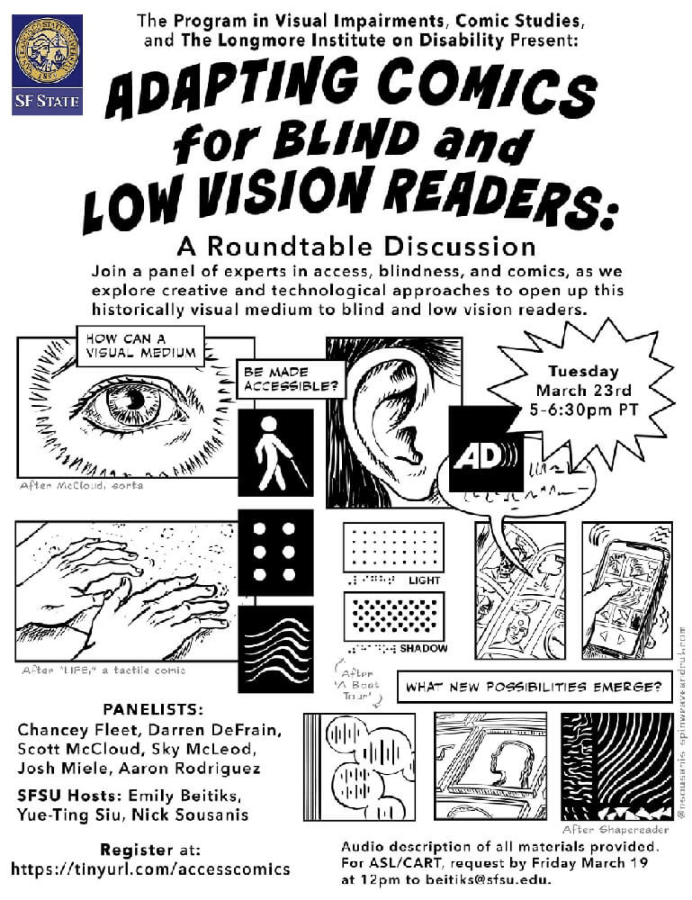 A black and white poster for a conference called Adapting Comics for Blind and Low Vision Readers