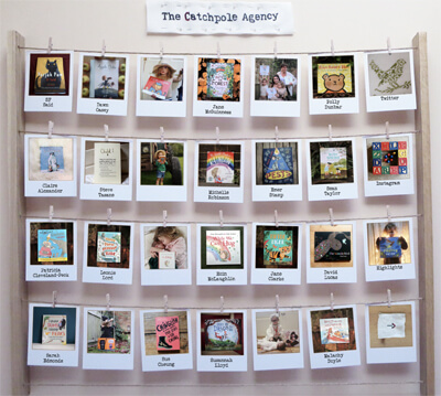 Four rows of photos on a closeline