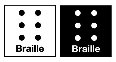 A braille cell. 6 dots in 2 vertical rows with the word braille underneath