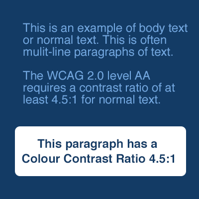 Example of 4.5:1 colour contrast ratio blue body text on a blue background.