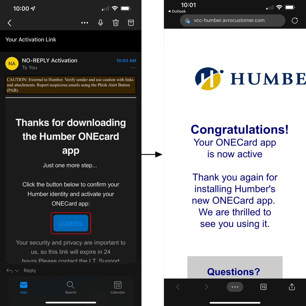 two screenshots: email activation and confirmation