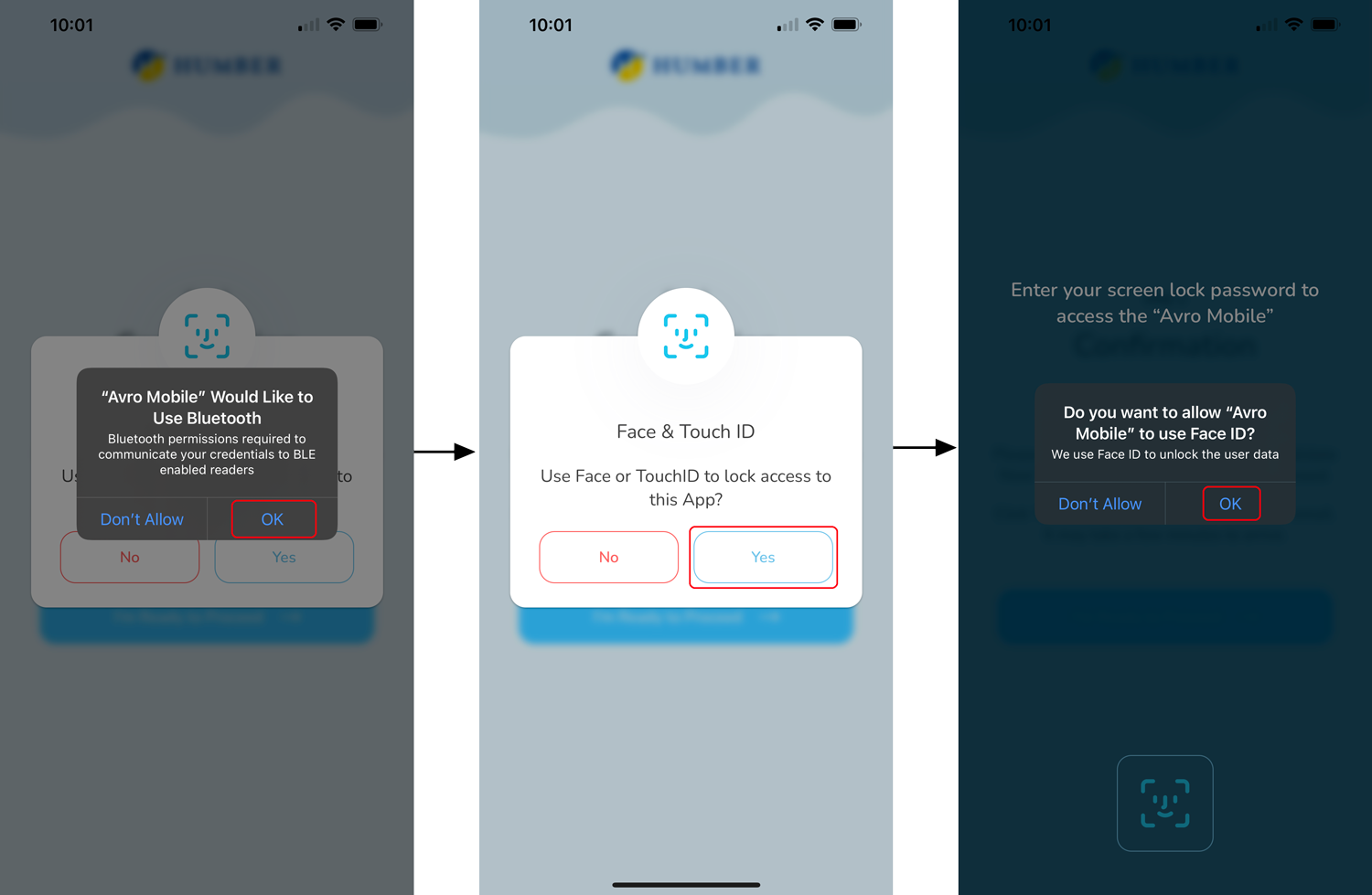 Screenshots of app requesting Bluetooth and face touch ID permission