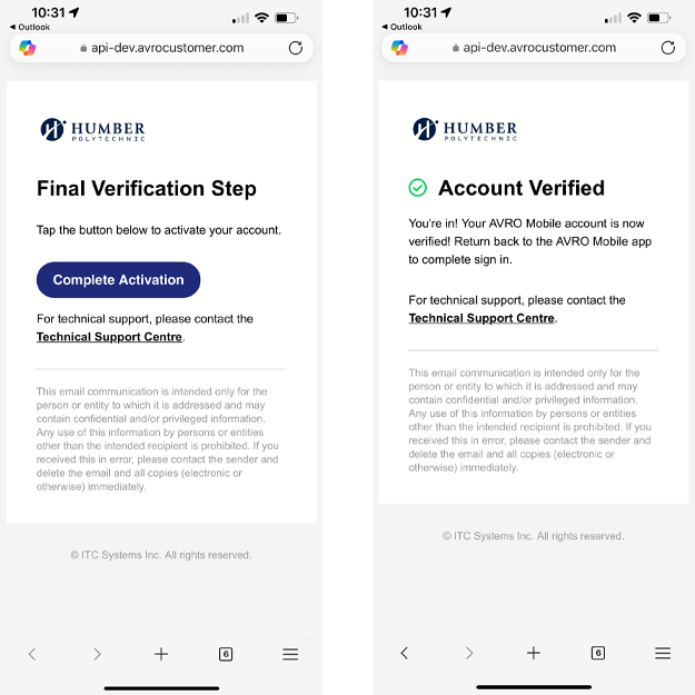 two screenshots: email activation and confirmation