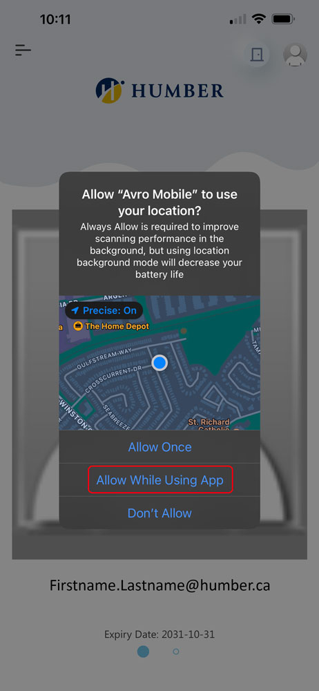 Screenshot of app message requesting location permission, "allow while using app" is highlighted