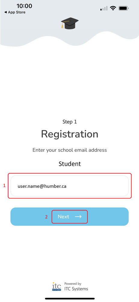 Screenshot of entering email address into app registration screen