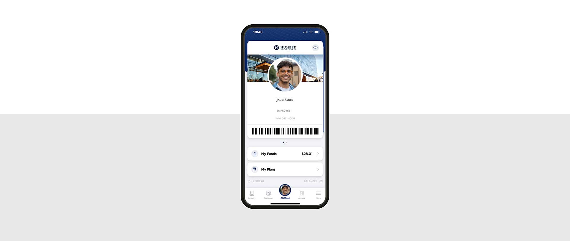 Example of Humber and Humber Guelph ONECard phone screen