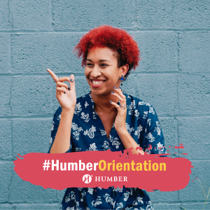 Red paint splash with white text #HumberOrientation and the Humber logo on top