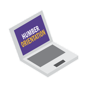 Humber Orientation text displayed on a laptop with violet background