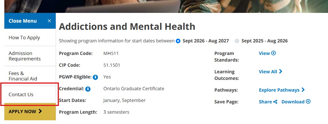 Screenshot of where to find Contact Us for Program Coordinator