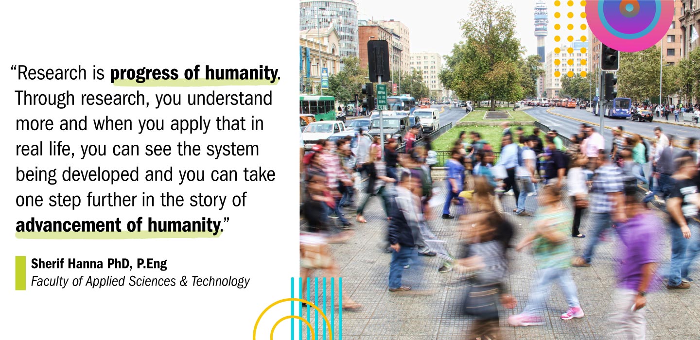 Quote by Professor Sherif Hannah on research on top of an image of a crowd of people crossing the street.