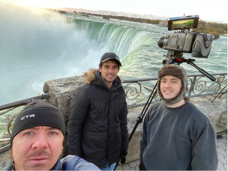 Professor Iljo Kotorencev, Daniel Ferreira and Domenic Paron filming Niagara Falls. 