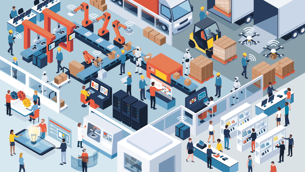 Depiction of Industry 4.0 technologies—a factory demonstrating automation and data technology