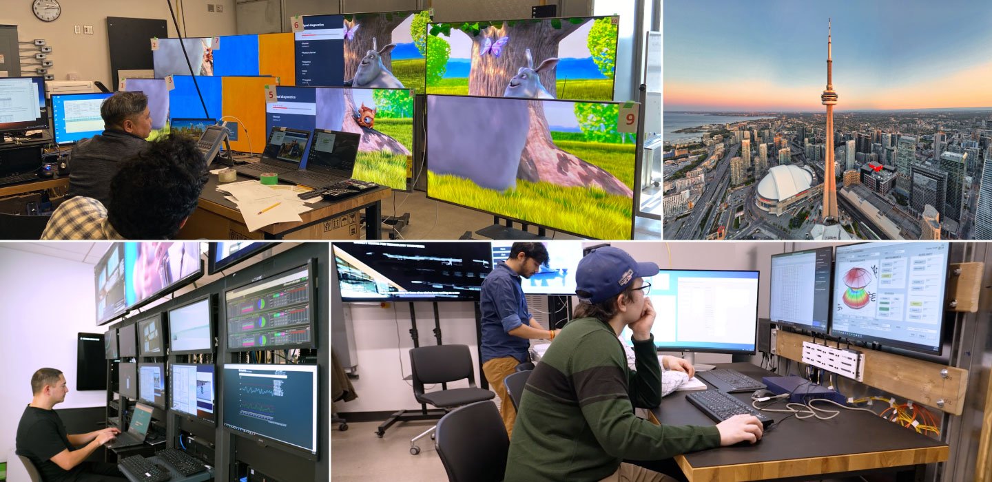 A collage of images featuring workers sitting in front of large monitors and TV screens.