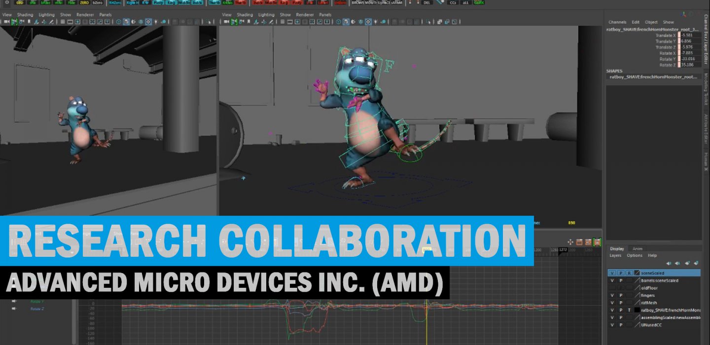 screen shot of a 3D graphics program with an animated cartoon character