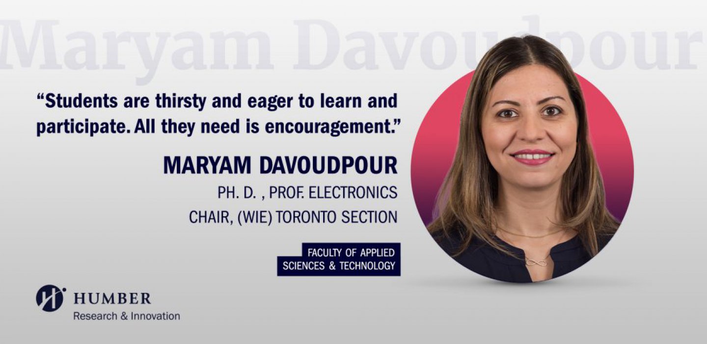 Photo of Maryam, her title, a quote from the article, Humber research & innovation logo
