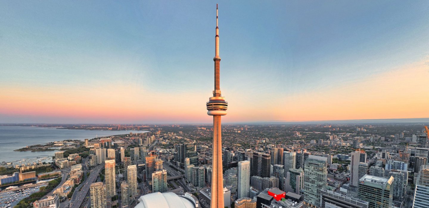 An aerial view of the CN tower and Roger's Centre in downtown Toronto.