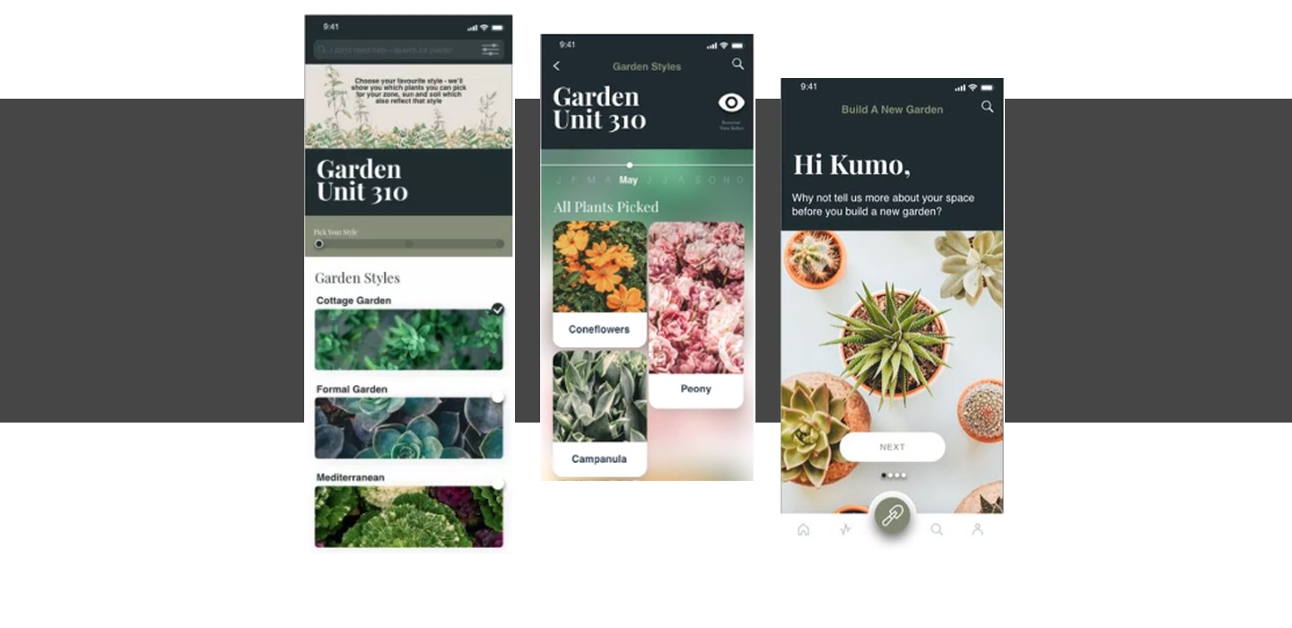 screen shots of the gardening app on a mobile device