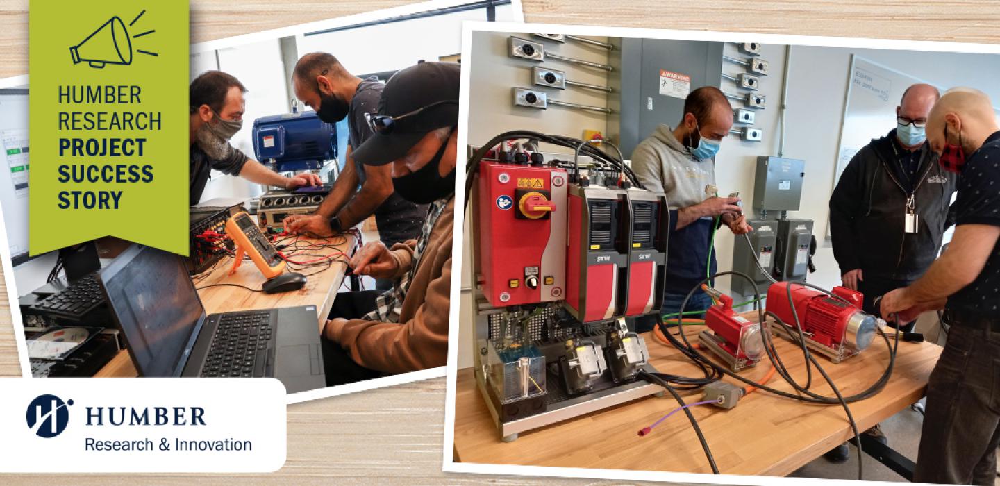 The project team comprising Abgar and Eliseu and faculty lead Hussin Hassen testing their prototype to harvest energy from machines to power monitoring electronics in the Barrett CTI.