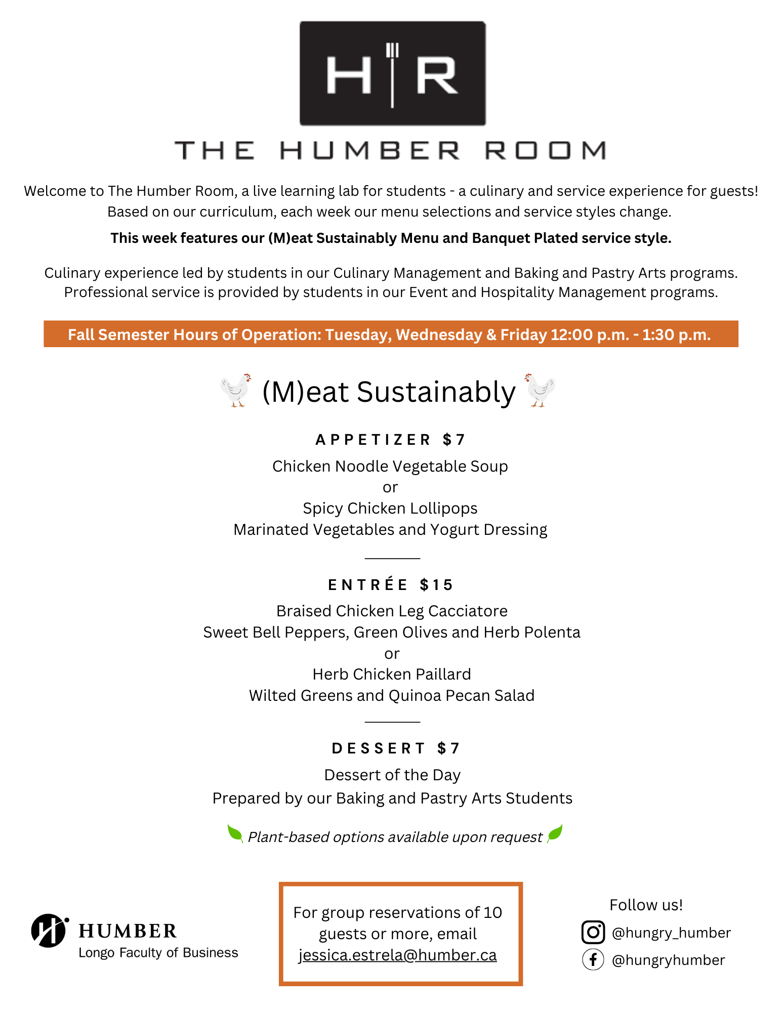 The Humber Room weekly menu