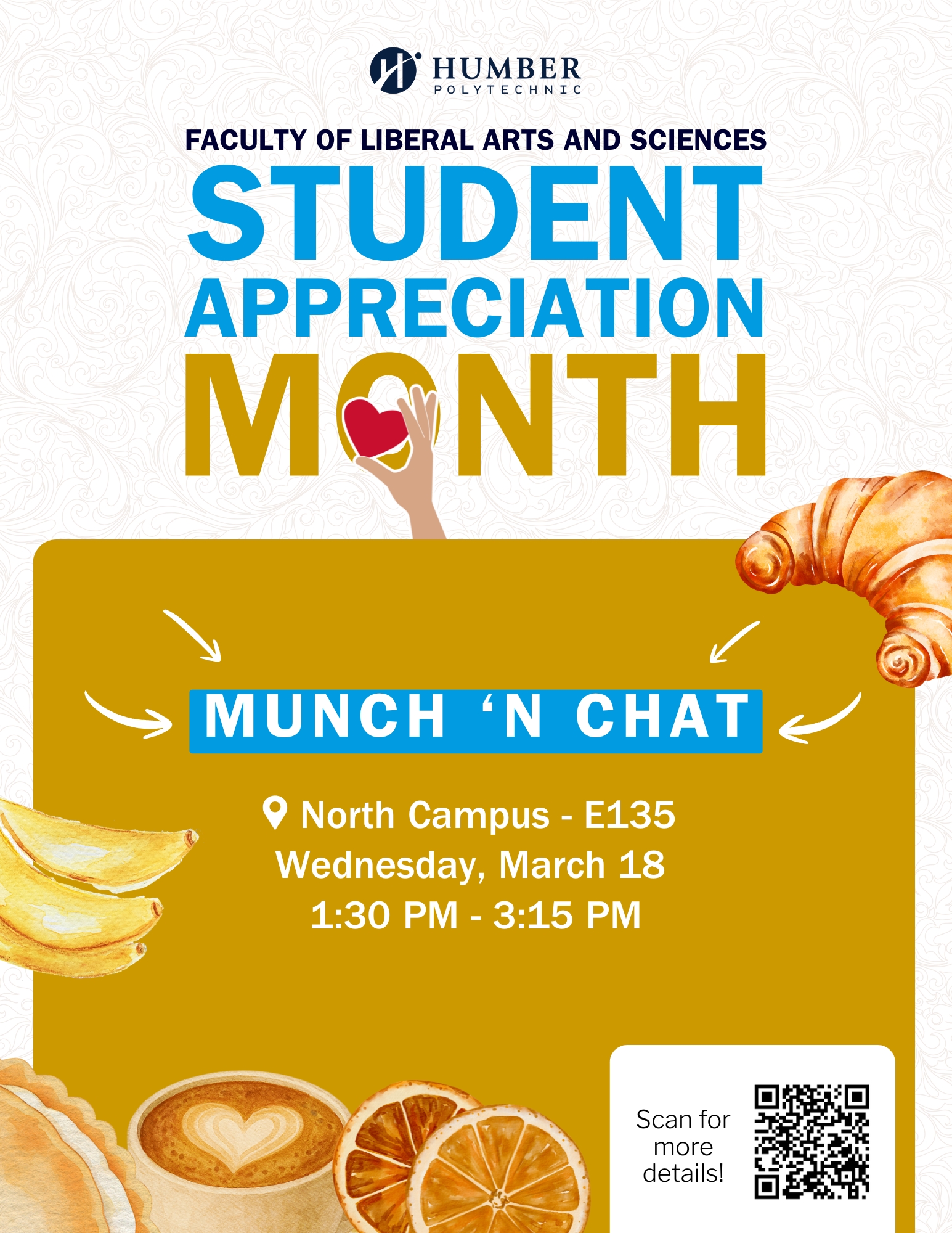 Food items border an announcement about the Munch n Chat event