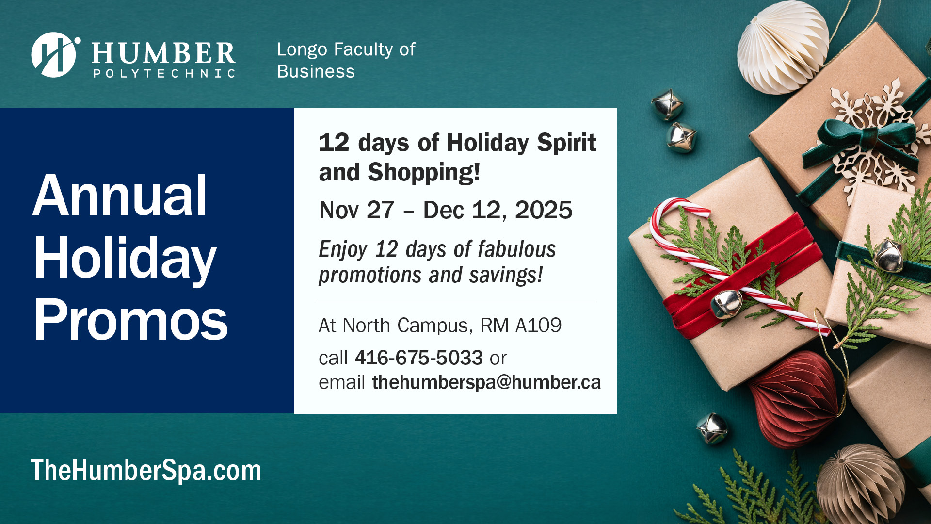 12 Days of Holiday Spirit and Shopping Poster for Humber Spa annual holiday promos