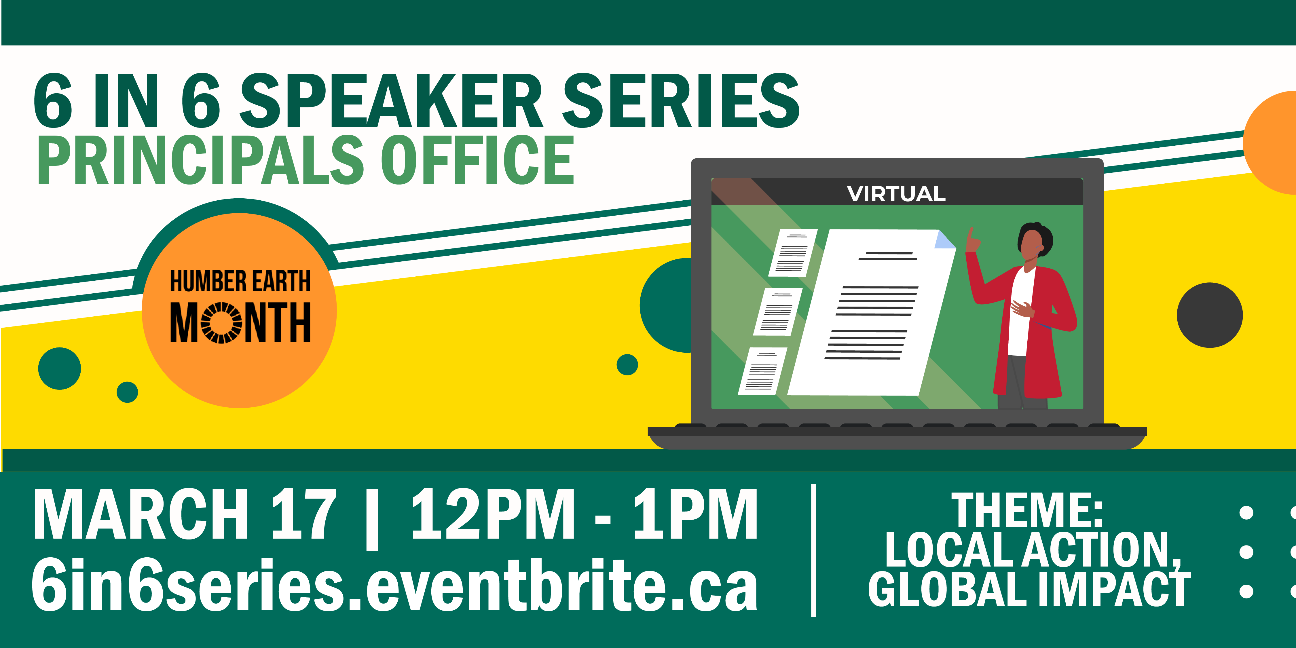 6 in 6 Speaker Event Event Date, time and details with laptop graphic with a person presenting