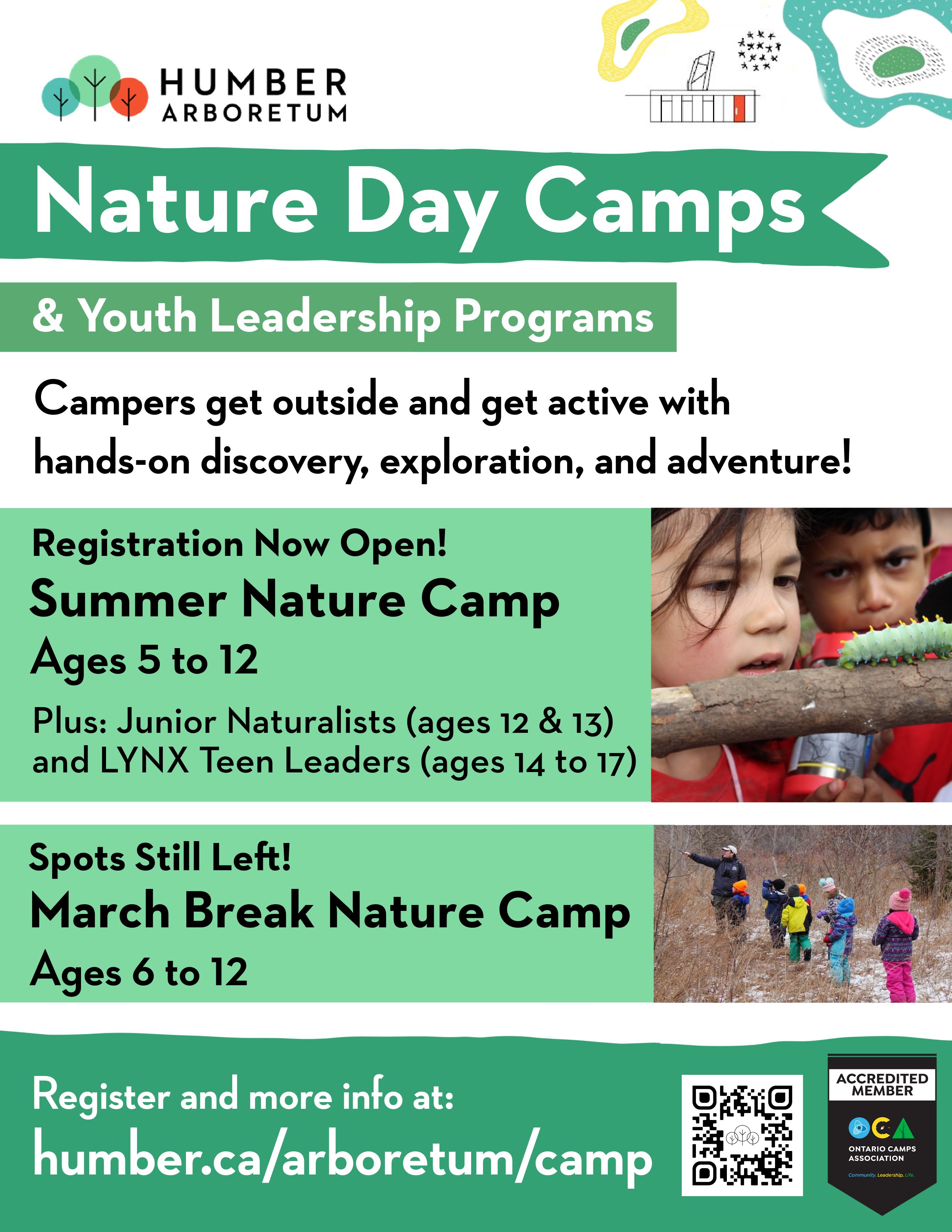 Photo of children looking at a large caterpillar is summer and a photo of children following a leader on an early spring hike. A poster repeats information from the text.