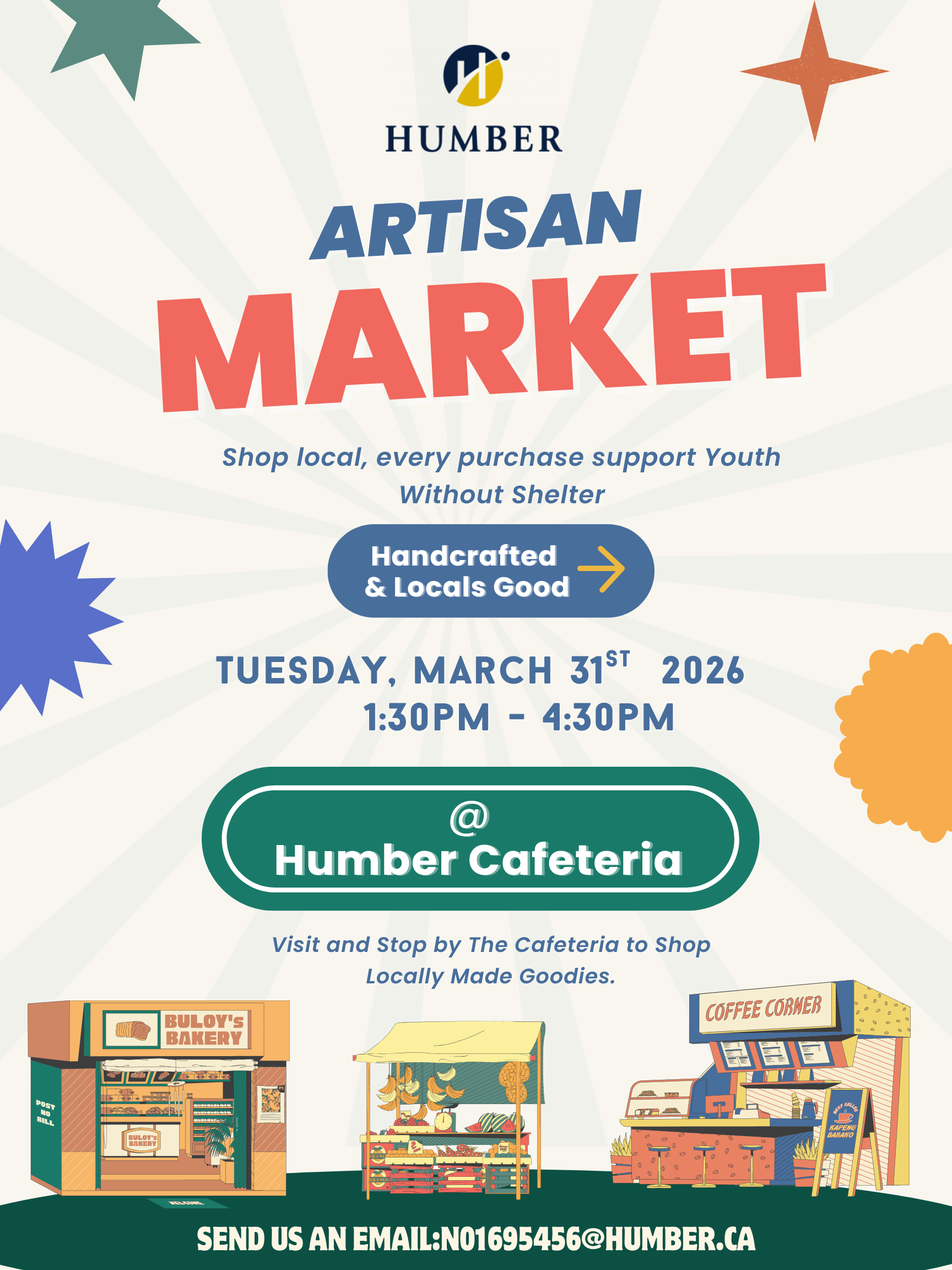 Event poster for the Humber Artisan Market on Tuesday, March 31, 2026, from 1:30 PM to 4:30 PM at the Humber Cafeteria.