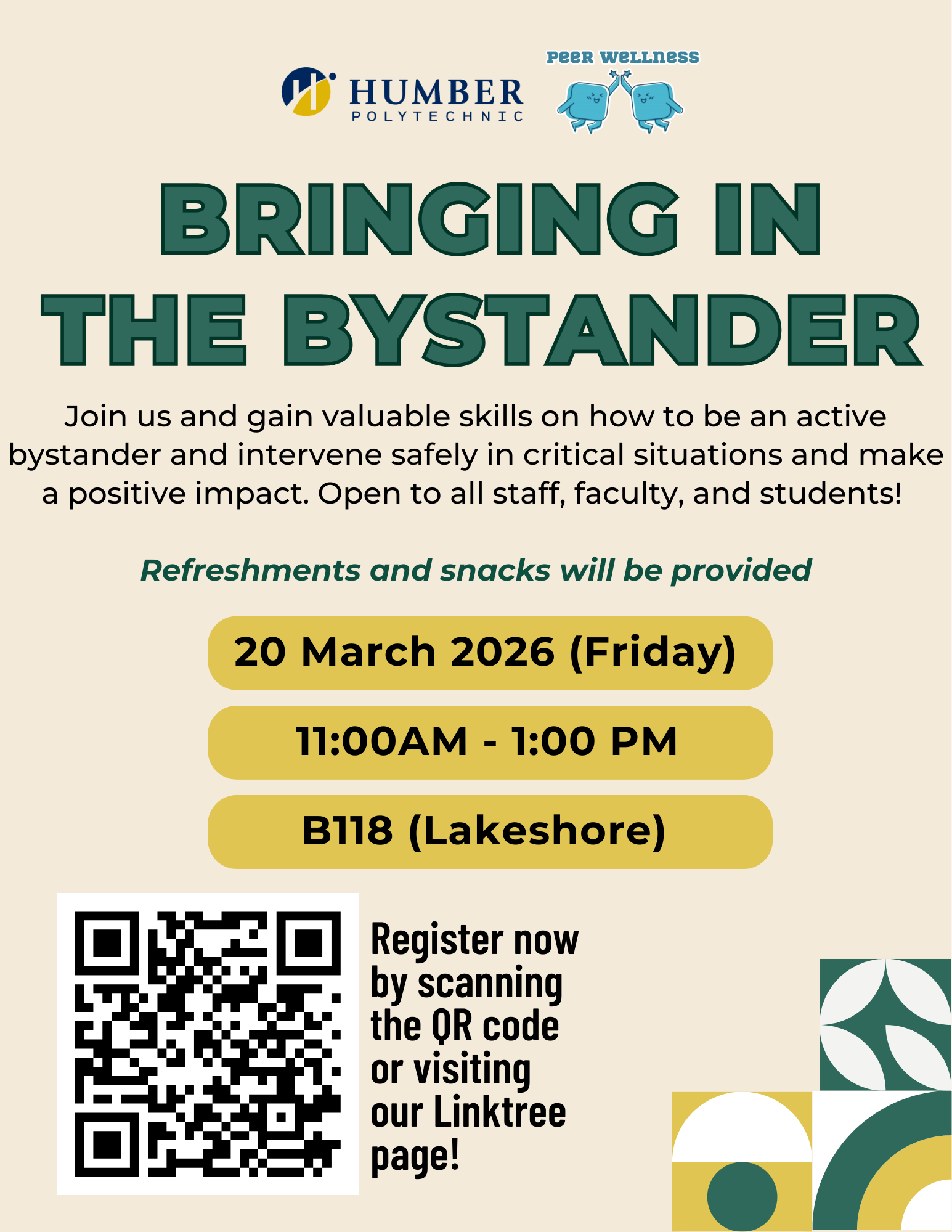 An event poster for "Bringing in the Bystander" hosted by Humber Polytechnic and Peer Wellness. The poster features green and gold accents on a cream background.