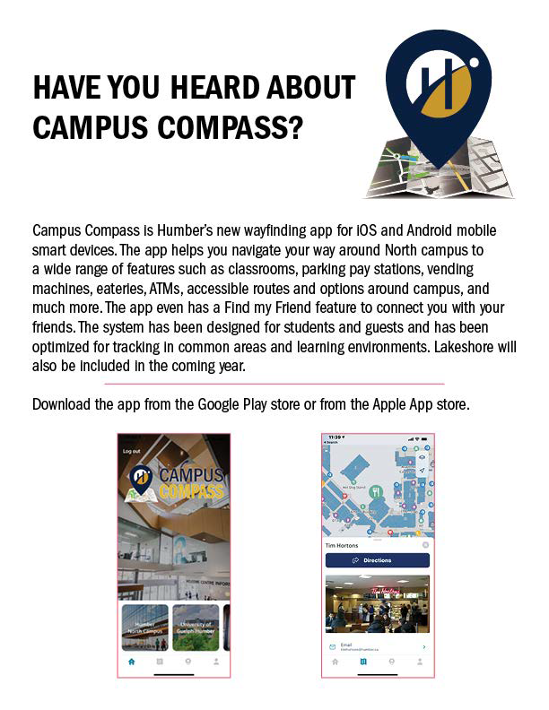 Poster promoting use of the Campus Compass wayfinding app for Humber's North Campus.