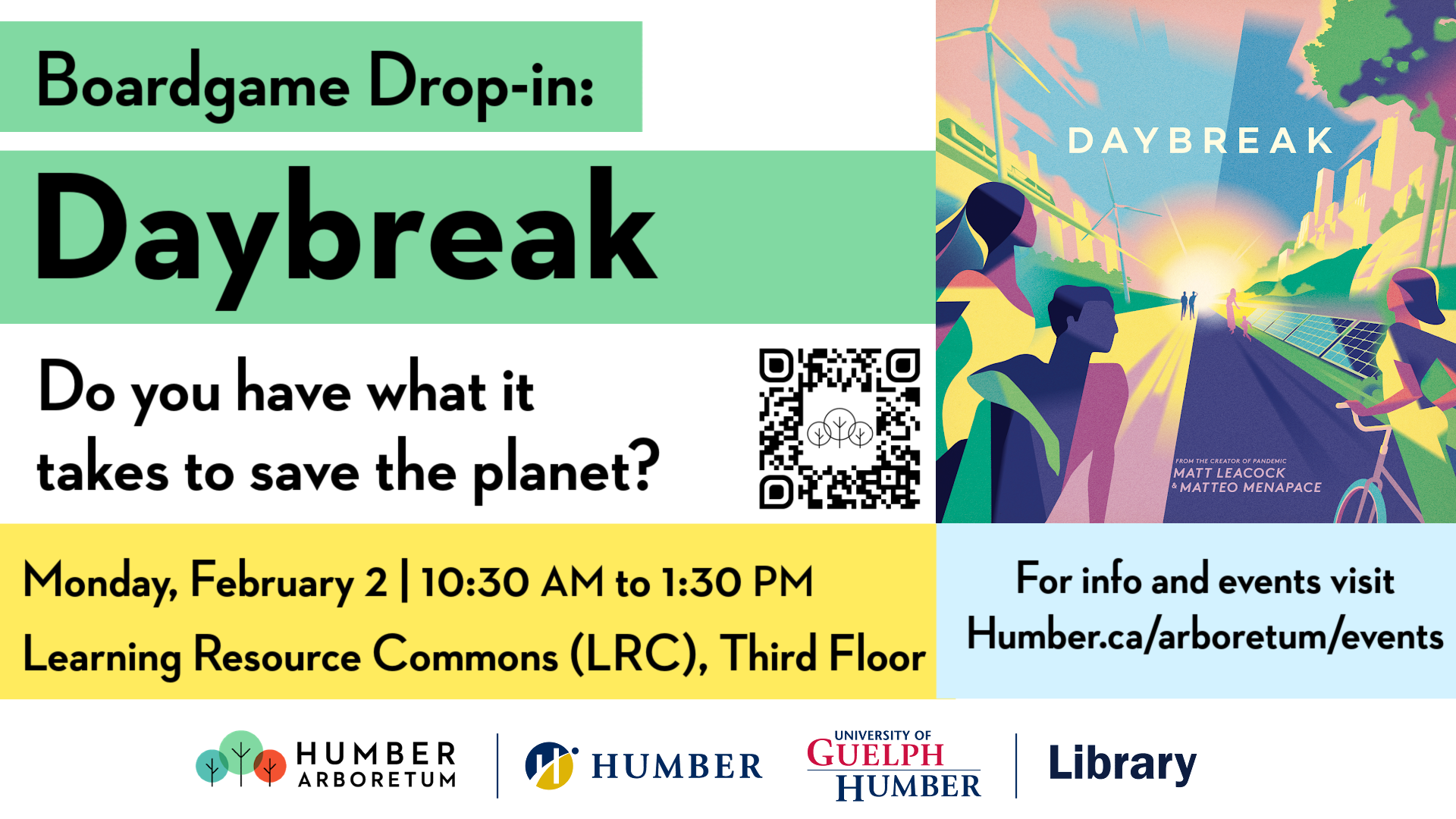 The cover of the boardgame daybreak shows stylized people in a world filled with bikes, solar panels, and wind turbines looking toward a sunrise. Text repeats info from the post.