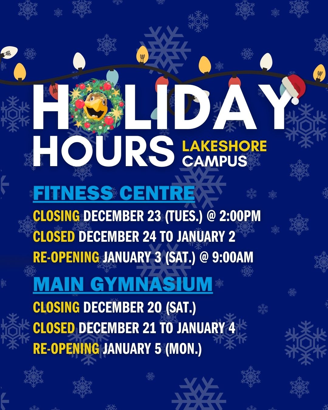 Poster for Humber Lakeshore Athletics Holiday Hours