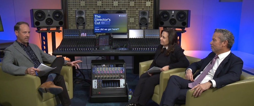 Joe Sellors in conversation with Gina Antonacci and Guillermo Acosta Three adults engaged in conversation. They are sitting in green club chairs in a recording studio in the Humber Cultural Hub