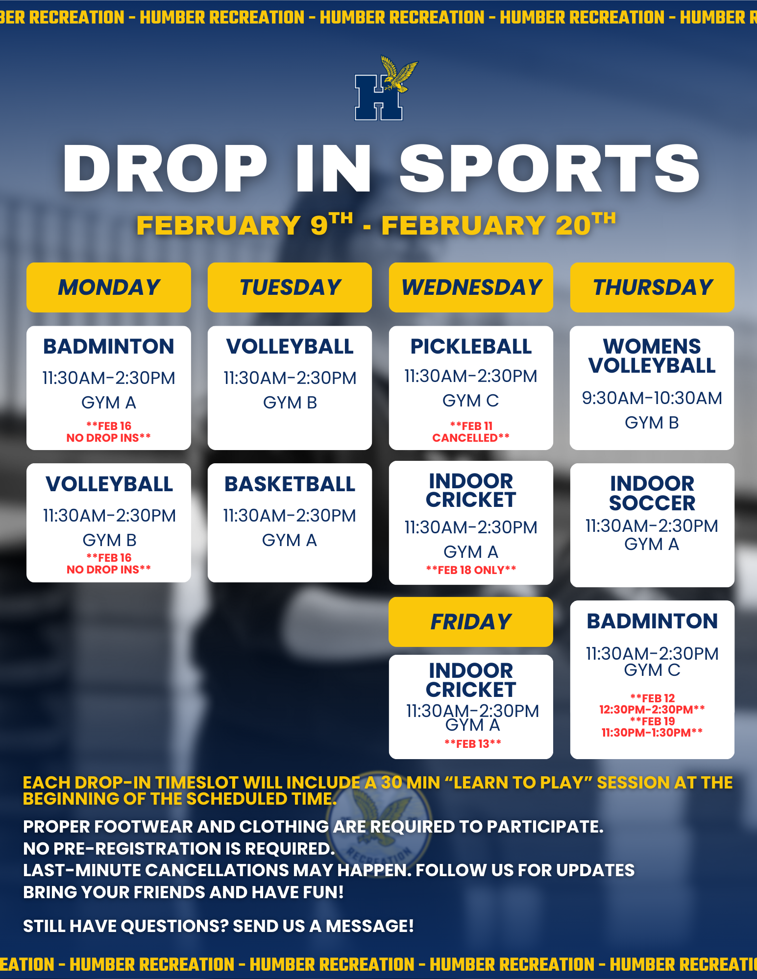 Poster for Drop-In Sport Schedule