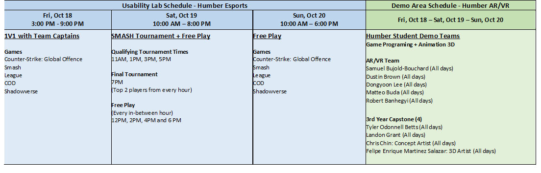 Schedule of Humber's EGLX activities