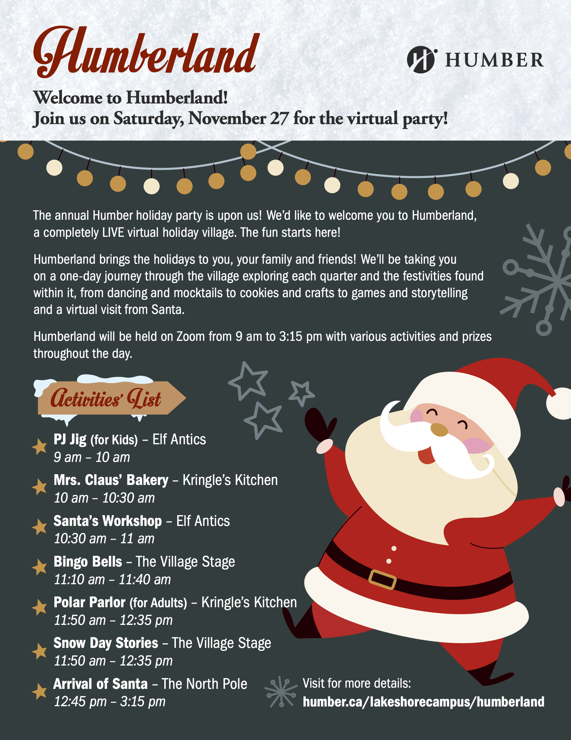 Cartoon image of Santa with schedule of events for Humberland
