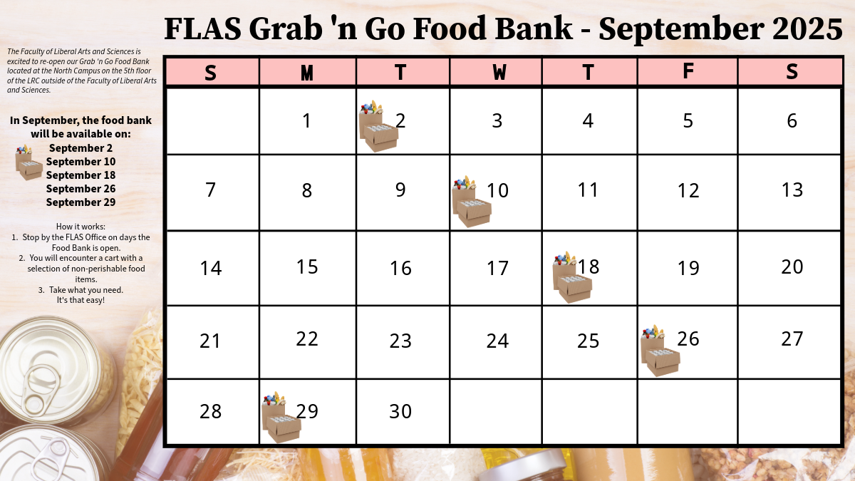 Calendar with dates of Grab 'n Go Food Bank