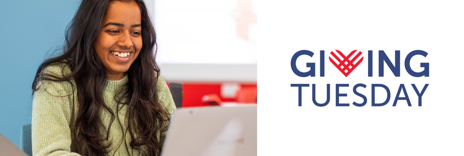It's Giving Tuesday! Girl on a laptop smiling and Giving Tuesday Logo on the side
