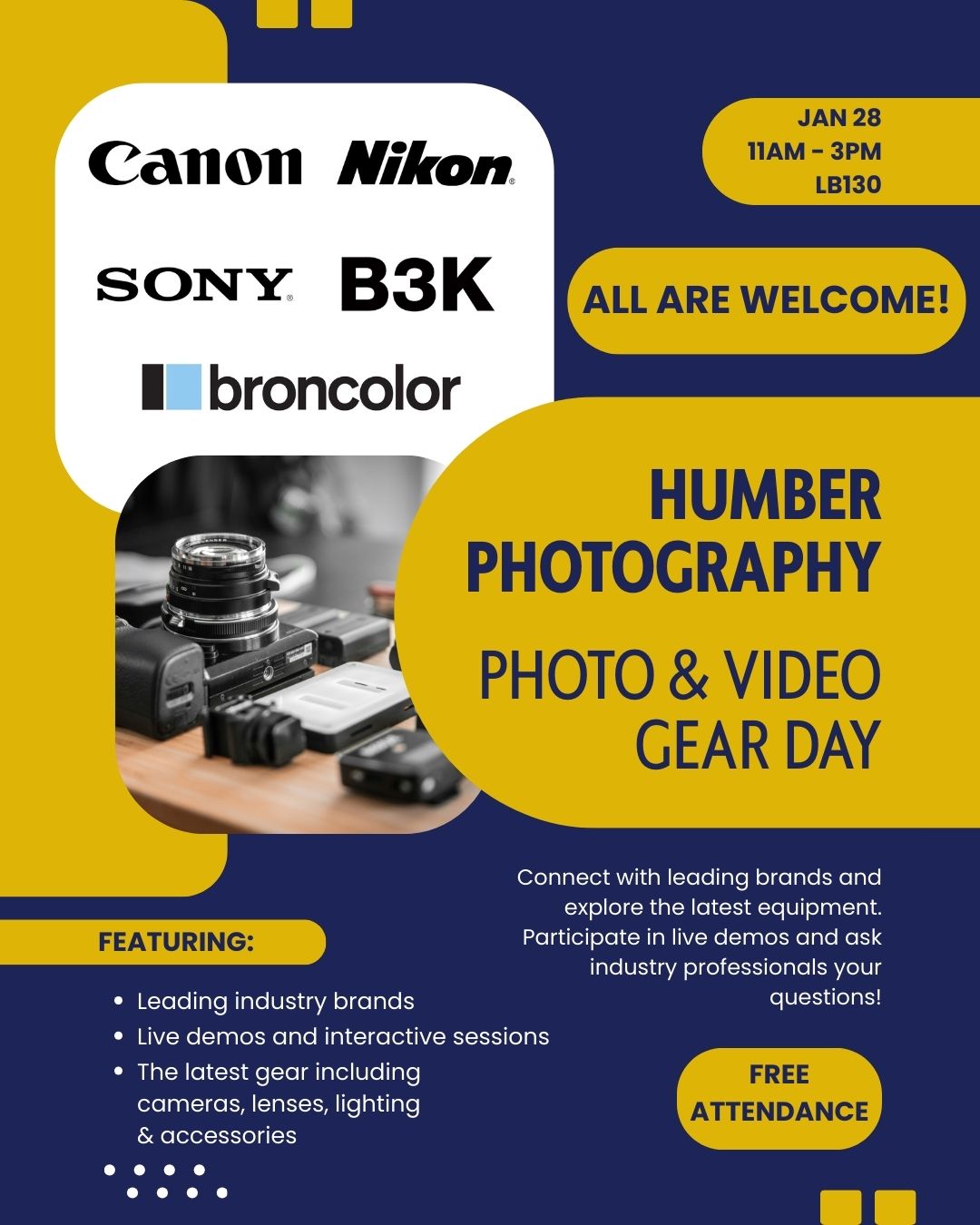 Humber Photo and Video Gear Day Blue and yellow poster with cameras and camera brands