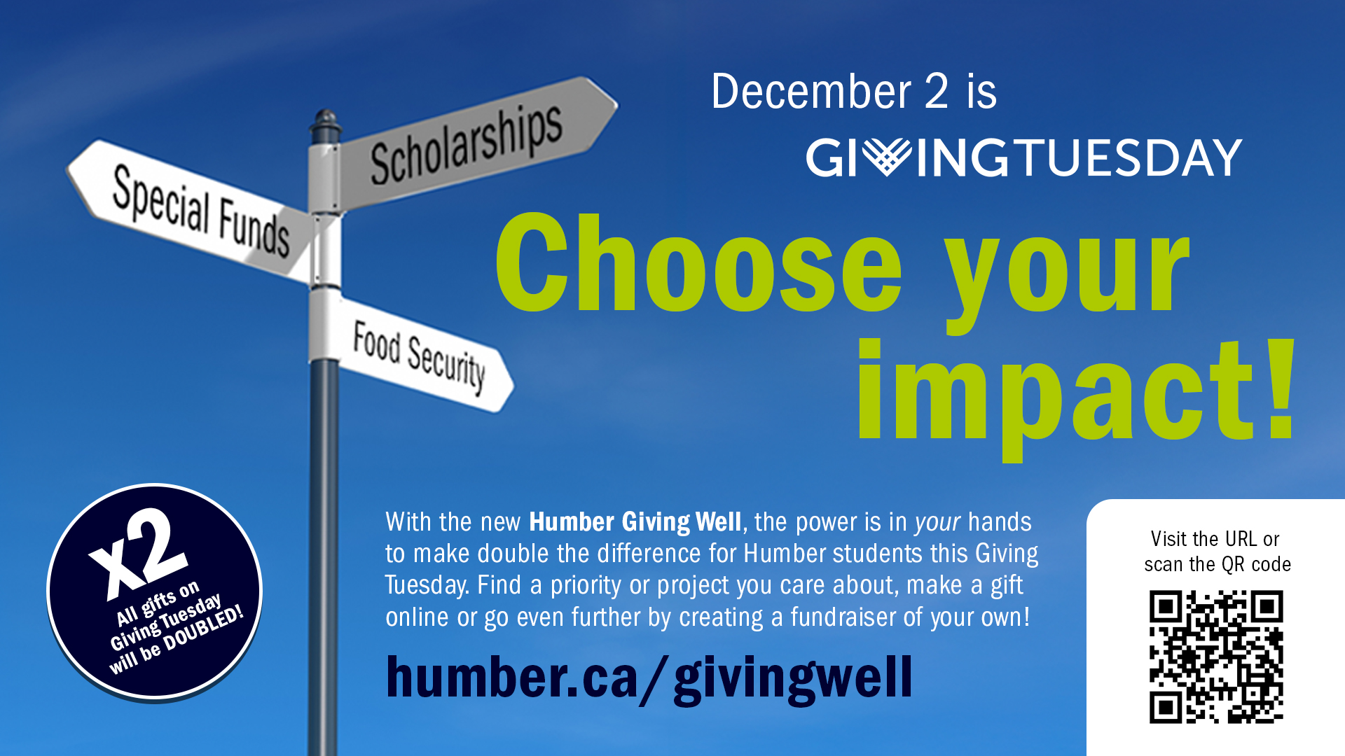 Dec 2 is Giving Tuesday: Choose your impact! a blue sky with road signs indicating scholarships, special funds and food security.