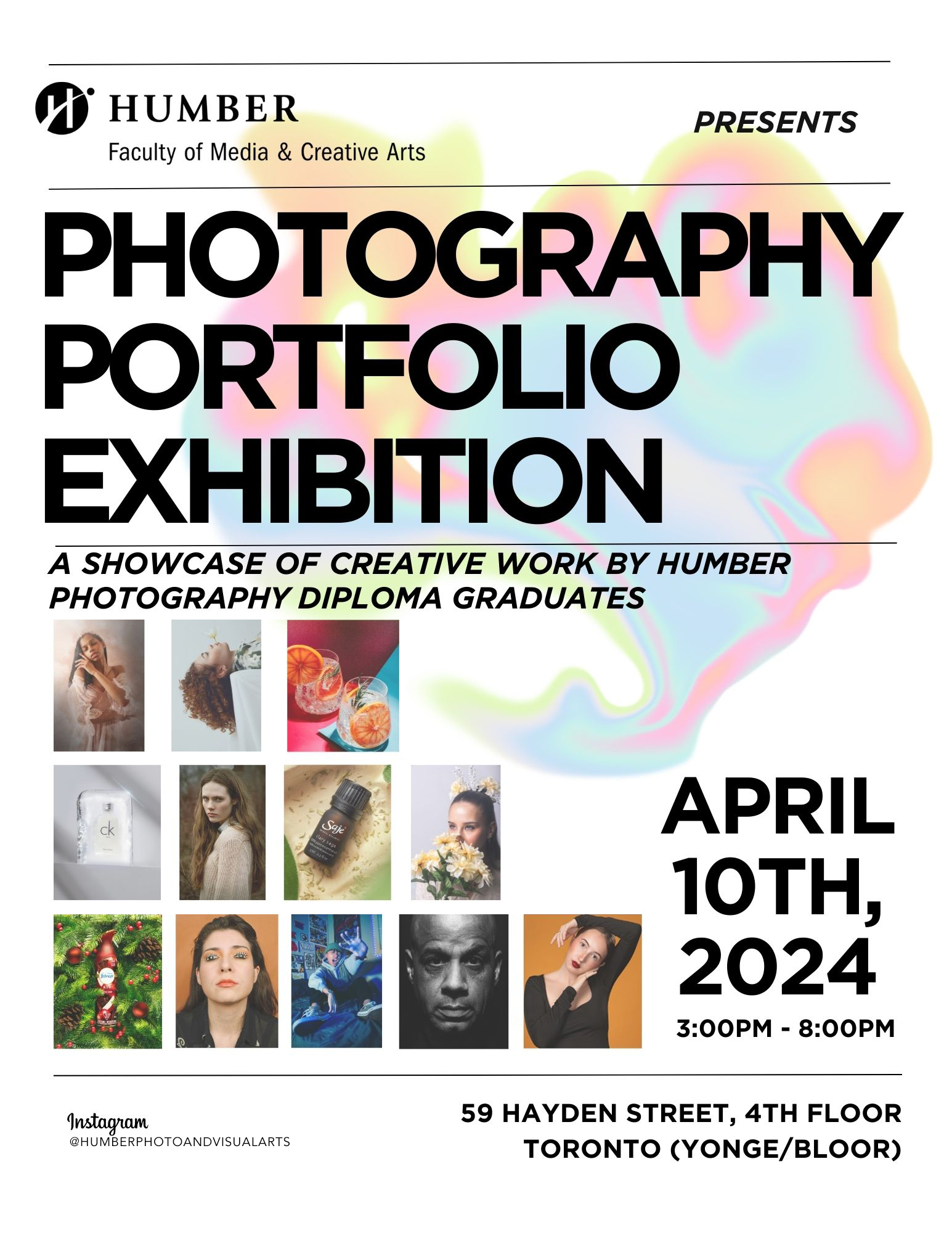 A white poster with Photography Portfolio Exhibition in bold, black type. There is a grid of images in the bottom left corner. Behind the text and images is a multicoloured cloud. 