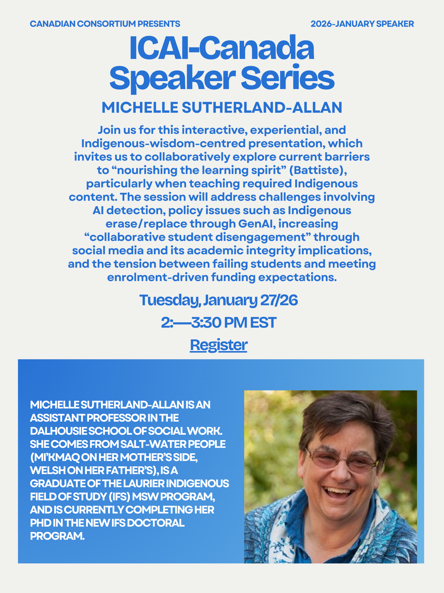 Michelle Sutherland Allan smiling on poster for ICAI-Canada Speaker Series