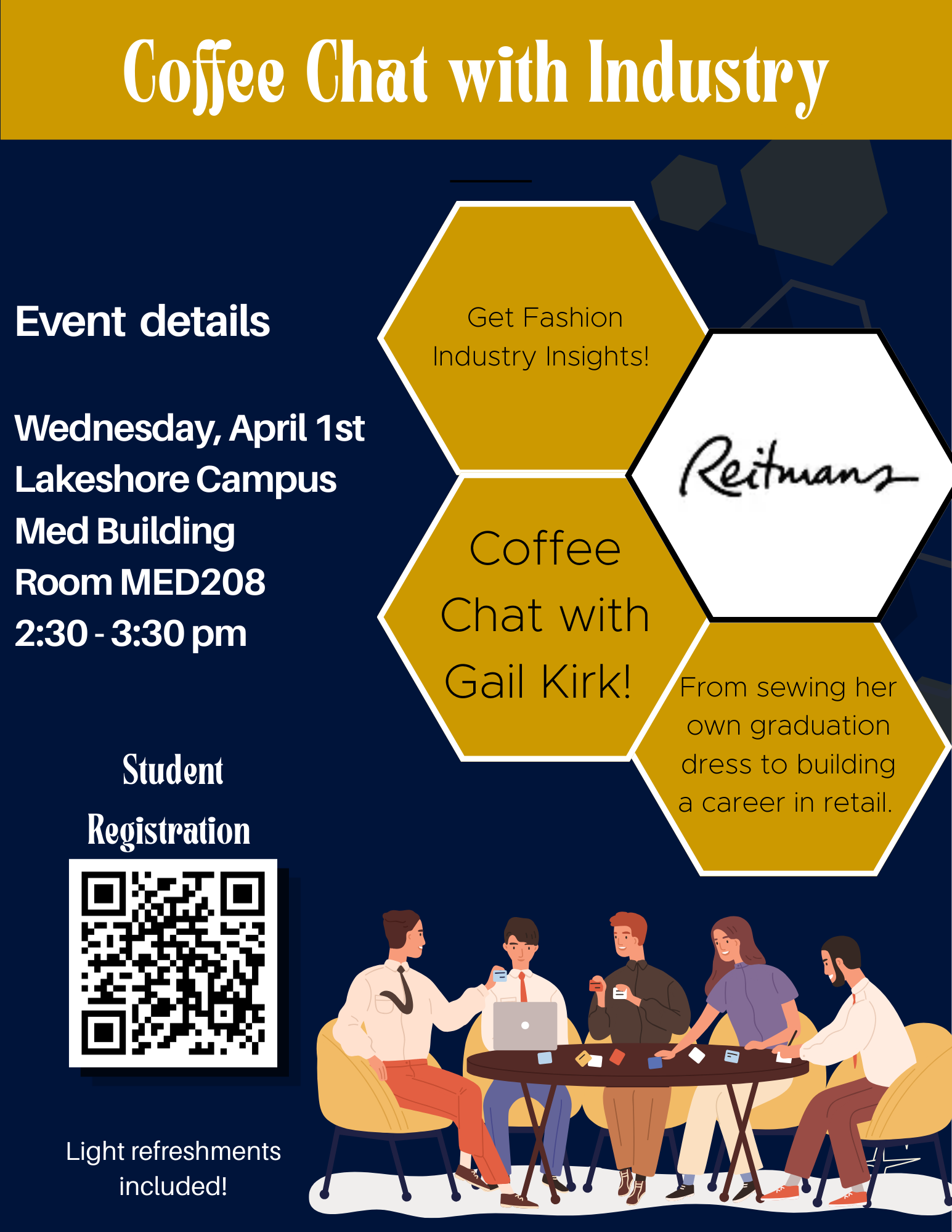Event flyer for "Coffee Chat with Industry" featuring Gail Kirk from Reitmans. The event takes place Wednesday, April 1st, 2:30–3:30 pm at Lakeshore Campus, Med Building, Room MED208. Includes a QR code for student registration and mentions light refreshments.